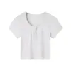 Camiseta feminina de manga curta com gola Henry, design único, modelagem que emagrece, ombro normal, top curto, camiseta básica de gola U lisa