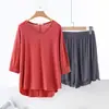 Algodón Transpirable Holgado Casual Ropa de Casa Verano Delgado Talla Grande Mangas de Murciélago Holgadas para Mujer Cuello en V Shorts Conjunto de Dos Piezas