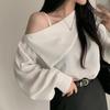 Coreia do Sul Ins Início da Primavera Design Sense Gola Oblíqua Alça Ombro Aberto Grande Lap Solto Emagrecimento Manga Lanterna Camisa de Chiffon para Mulheres
