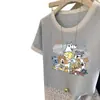 Camiseta de Manga Corta con Estampado Fresco Estilo Coreano, Borde de Encaje Versátil, Corte, Cuello Redondo, Color de Contraste, Top para Mujer de Verano