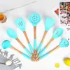 Juego de 7 piezas de utensilios de cocina de silicona con estampado de puntos florales, juego de cuchara espátula de silicona con mango de madera, espátula de silicona, espátula densa, cuchara para sopa, cuchara espátula para cocinar