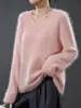 Suéter de lã quente escovada de caxemira de peso elevado para mulheres, novo outono e inverno, gola V, elegante e solto, suéter macio e aconchegante