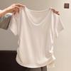 Camiseta Casual Blanca de Cuello Bajo, que Expone la Clavícula, Hombro Normal, Manga Corta para Mujer, Corte Holgado, Estilo Verano, Petite, Fruncida, Ceñida a la Cintura, Top Adelgazante