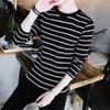 Camiseta de manga larga para hombre, cuello redondo, a rayas blancas y negras, estilo coreano moderno, corte ajustado, ropa de primavera y otoño, camiseta interior para hombre