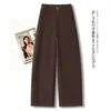 Calça de cor café, feita sob medida, estilosa e que rejuvenesce, de corte solto, cintura alta, perna curva, nova calça de perna larga para mulheres Outono 2026, calça em formato de meia-lua