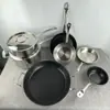 Juego de utensilios de cocina antiadherentes con fondo compuesto de acero inoxidable, que incluye sartenes, cacerolas y ollas para sopa, apto para estufas de inducción y uso general en la cocina