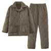 Pijama Masculino Veludo Coral Espessado Forrado com Lã Acolchoado Flanela Manga Longa Calça Conjunto Quente de Inverno para Casa para Homens