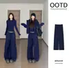 Conjunto de sudadera azul marino para mujer, nuevo para otoño 2026, casual deportivo relajado, atuendo ootd con chaqueta y pantalones de pierna ancha