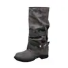 Botas de mujer de pierna ancha con efecto vintage desgastado, nuevo estilo otoño 2026, botas Martin, botas de vaquero western, botas con tacón de bloque