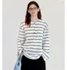 Estilo miu fivela de chifre de boi camisa henley listrada retrô preguiçosa manga longa solta camiseta feminina 2026 nova