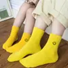 Meias infantis de algodão para primavera e outono, estilo ins da moda, meias de cano médio para bebê com bordado de carinha sorridente, meias coloridas para bebê