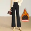 Calças Ligeiramente Flare Femininas 2026, Forradas com Fleece, Cintura Alta, Corte Slim, Novo Estilo Outono-Inverno, Drapeado, Soltas, Casuais, Calças Longas Pretas
