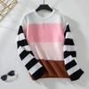 Cor da garoa listrada feminina camisola transfronteiriça outono e inverno nova gola alta gola redonda casual moda malhas europeias e americanas