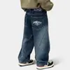 Calça Jeans Masculina de Primavera e Outono com Barra Curva Estilo Coreano Infantil Bonita Tendência Legal Casual Versátil Calça Longa para Bebê Comércio Exterior