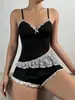 Conjunto de Pijama de Top Camisola con Ribete de Encaje Negro y Shorts Ropa de Salón