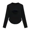 Camiseta de Manga Larga con Cremallera en el Pecho y Cuello Redondo Estilo Americano Sexy para Mujer, Nueva Camisa Top Ajustada Adelgazante con Base Curva para Otoño e Invierno