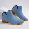 Botas femininas de tornozelo transfronteiriças, jeans azul claro com zíper traseiro, salto grosso, bico fino, salto baixo, tamanho grande