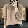 Novo suéter de lã pura outono e inverno para mulheres, gola redonda, design vazado, cor sólida, manga longa, corte casual solto, blusa base de tricô