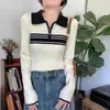 [Qualidade Tmall] Elegante suéter de malha com zíper, gola polo color block e mangas compridas para mulheres, novo estilo outono slim fit