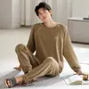Pijama masculino de primavera e outono, cor sólida, gola redonda, simples, casual, folgado, confortável, pode ser usado fora de casa, conjunto para casa