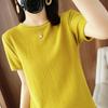 2023 Algodão Penteado Primavera e Verão Novo Decote Redondo Seda Suéter de Malha Camiseta Feminina de Manga Curta Solto Tamanho Grande Top Meia Manga Feminina