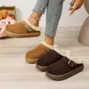 Zapatillas de Algodón con Hebilla Decoración en la Punta Suela Gruesa Cálida Casual Invierno Ropa de Exterior Zapatillas Medias Peludas Fondo Plano Mujer Más Terciopelo Dama
