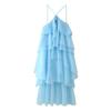 Exportação Transfronteiriça Vestuário Feminino 2025 Verão Estilo Europeu e Americano Camadas Decorativas Cruz Costas Abertas Vestido de Alças para Mulheres M6222
