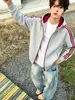 Sudadera con capucha gruesa para hombre de Otoño y Primavera, tres rayas, bloques de color, chaqueta cárdigan con cremallera, top casual holgado de hombros caídos