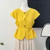 Blusas de Algodón y Lino para Mujer, Nuevo Estilo de Verano, Talla Grande, Estilo Francés, Blusas Transpirables, Camisas Elegantes de Manga Corta, Blanco Dopamina que Ceñe la Cintura