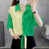 Nova Camisa de Chiffon de Verão de Manga Média para Mulher com Design Pequeno de Cintura Alta e Camisa Listrada com Combinação de Cores, Vestido Curto com Umbigo à Mostra