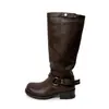 Ancho de caña ajustable circunferencia de caña grande hebilla de cinturón de cuero tejido botas de caballero 2026 Invierno tacón medio grueso punta redonda caña alta holgada botas largas para mujer