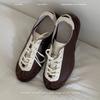 ¡En Stock! Versión de Cuero Suave~Color Bloqueo Retro Zapatillas de Ballet de Suela Gruesa para Mujer, Estilo Otoño, Punta Redonda, Zapatos Casuales Deportivos para Exteriores