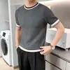 Camiseta de punto de manga corta a rayas finas de color contrastante para hombre, Top transpirable de seda de alta gama, estilo británico, cuello redondo
