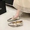 Sapatos femininos versáteis de bico fino para primavera e outono, com strass, estilo Mary Jane, novo salto grosso, sapatos de salto baixo para mulheres 2026