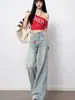 Calça pantalona cintura alta retrô americana para mulheres, novo corte solto, não gruda no corpo, elástica, levanta bumbum, jeans de perna larga de comprimento total de nicho