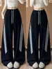 Pantalones deportivos negros con cordón para mujer, nuevo estilo de otoño, de cintura alta, holgados, de pierna ancha, pantalones largos para personas petite, con tres franjas y un corte curvo