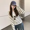 Suéter Tejido con Capucha de Dos Piezas Falsas a Rayas Estilo Retro para Mujer Nuevo Otoño/Invierno Adelgazante Versátil Casual Coreano