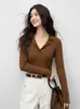 Nuevo suéter de punto elegante y a la moda de manga larga para mujer, corte ajustado, versátil, con cuello de solapa, suéter fino, top básico