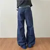 Venta al por mayor de fábrica Pantalones de trabajo de tono azul lavado azul francés Tendencia americana Versátiles Arrugados Rectos Pierna ancha Hombre