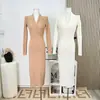 Vestido de Punto con Cuello en V de Lana, Femenino, Ceñido a la Cintura, Falda Larga Ceñida a las Caderas, Falda Base Ajustada