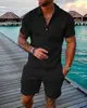 Roupas Masculinas Europeias e Americanas Transfronteiriças Estação Independente Impressão Digital 3D Casual Cor Contrastante Polo Zíper Lapela Camisa Terno de Manga Curta