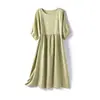 Vestido Midi Japonés Casual Literario Ligero de Lino Puro Holgado Forma de Capullo Oculta Defectos Adelgazante Cintura Alta Manga Corta Dobladillo Ancho