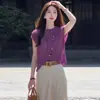 Blusa de Tricô Roxo Gelo Super Estilosa para Mulheres, Nova Coleção de Verão 2026, Camisa Versátil de Manga Curta Slim Fit com um Toque Elegante