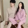 Pijama de Pareja Chunbaifen para Mujer, Conjunto de Pijama de Gasa de Algodón Puro para Primavera y Verano, Unisex, Se Puede Usar Afuera, Ropa de Casa de Manga Larga