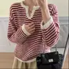 Suéter de tricô listrado color block, moderno e jovem, para mulheres, novo design outono/inverno com gola semiaberta, estilo pullover