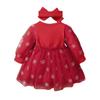 Fábrica de Origem Roupas Infantis Meninas Estilo Ano Novo e Natal Saia de Renda Vermelha Estampada de Manga Longa + Lenço de Cabeça