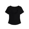 Top de Tencel con Cuello en U Grande, Mangas Cortas, Nuevo Estilo de Verano, Corte Ajustado, Longitud Corta, Cintura Alta, Dobladillo Curvo, Camiseta Básica