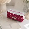 Necessaire de bolinhas estilo coreano, estojo de lápis de renda de grande capacidade para estudantes, bolsa de armazenamento de higiene pessoal portátil com zíper, bolsa de tecido para batom