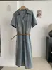 Kekezoon Falda de Mezclilla con Cinturón Retro Vestido para Mujer 2026 Verano Nuevo Manga Corta Solapa Falda Larga 8342