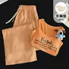 Conjunto de pijama de verano para mujer con copas en el pecho, top sin mangas de algodón a cuadros con letras blancas y nubes, shorts y pantalones largos para casa